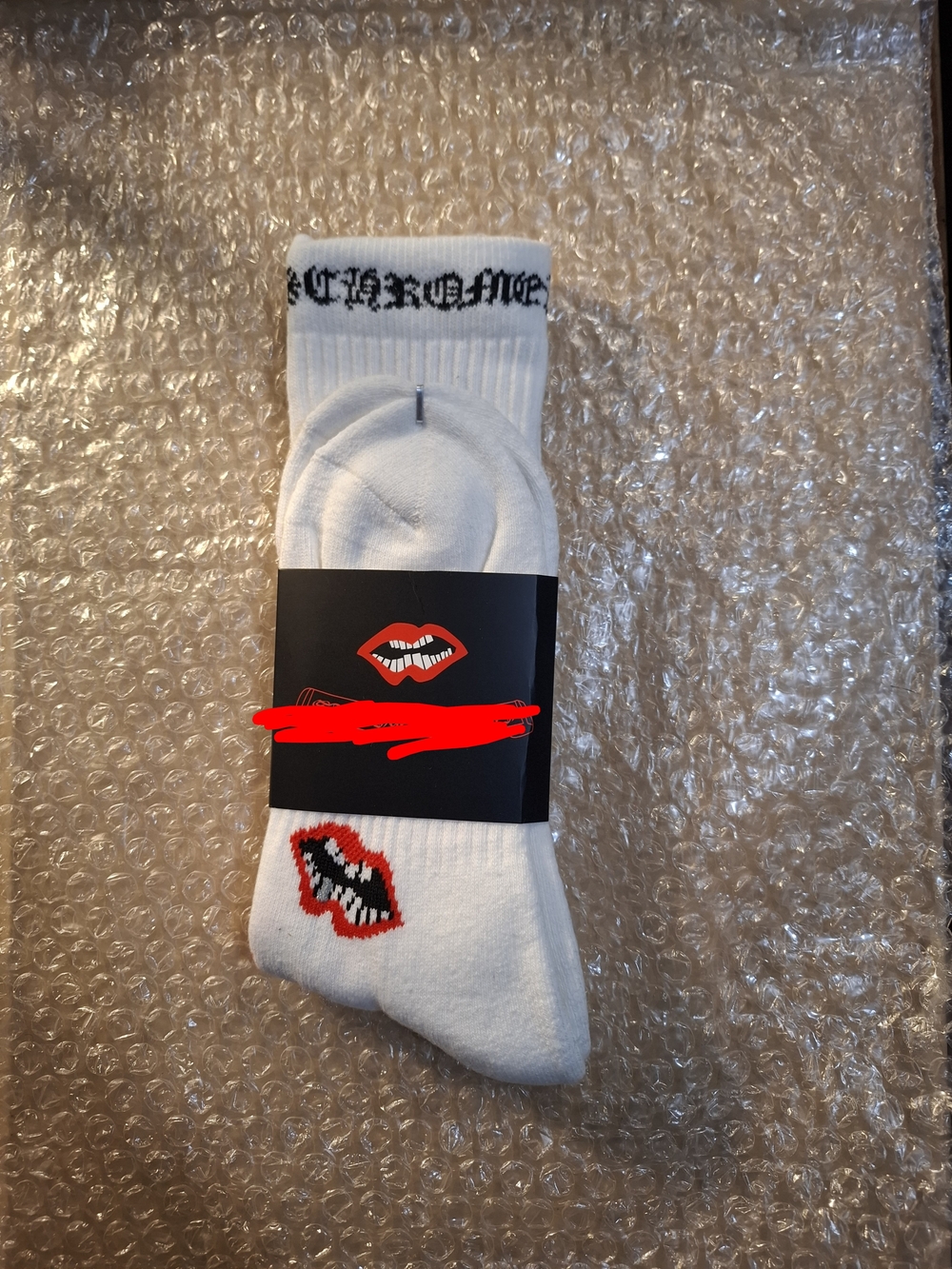 Chrome Hearts White Crew Socks with Red Lip Motif